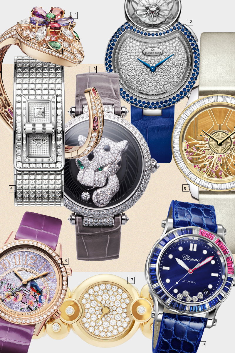 1 | Serpenti, Bulgari
2 | Lady 8 Flower, Jaquet Droz
3 | Panthere Joueuse, Cartier
4 | Code Coco, Chanel
5 | Dior Grand Bal Piece Unique Jardin de Ceres, Dior
6 | Rendez-vous Sonatina «Romance», Jaeger-LeCoultre
7 | Bouton d’or, Van Cleef & Arpels
8 | Happy Ocean, Chopard