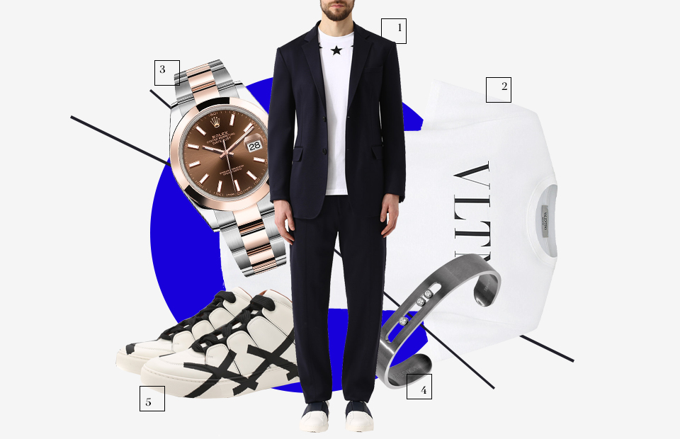 
	Костюм, Givenchy
	Футболка, Valentino
	Часы, Rolex
	Браслет, MESSIKA
	Кеды, Zegna Couture

