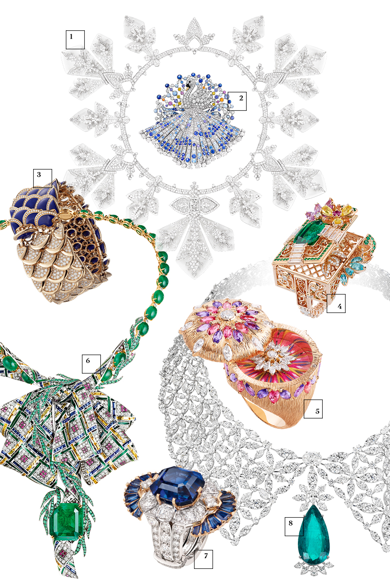 Колье Flocon Impérial, Boucheron
Брошь Métamorphose du Cygne, Van Cleef & Arpels
Браслет Eurythmie, Cartier
Кольцо Bosquet de la Reine Émeraude, Dior Joaillerie
Кольцо Sunlight Journey, Piaget
Колье Glyndebourne, Chaumet
Кольцо Séraphîta, Van Cleef & Arpels
Колье Silk Road, Chopard