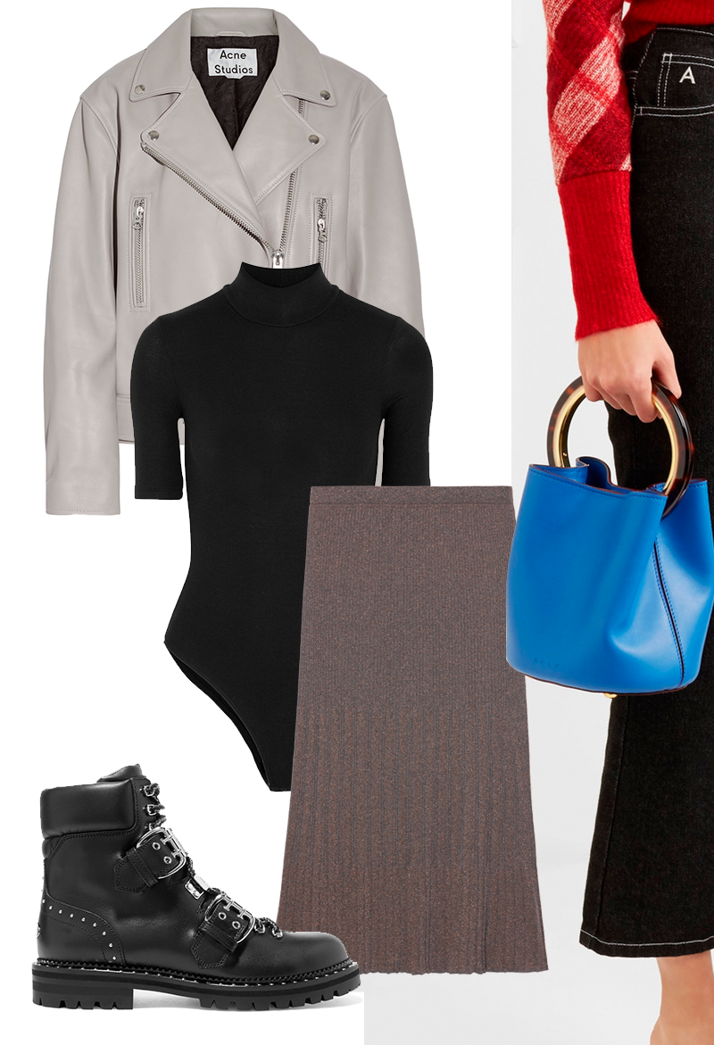 Юбка Falconeri
Куртка Acne
Боди ATM Anthony Thomas Melillo
Сумка Marni
Ботинки Jimmy Choo