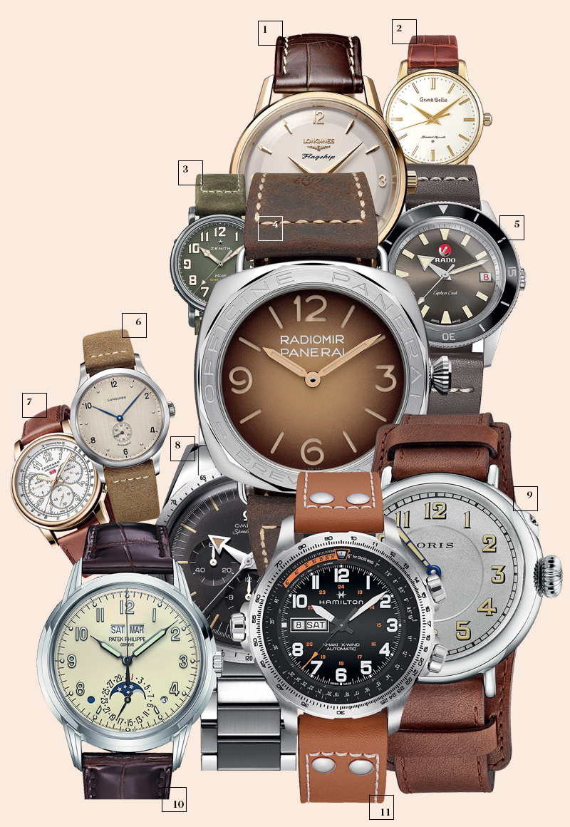 1 | Longines; 2 | Grand Seiko; 3 | Zenith; 4 | Officine Panerai; 5 | Rado; 6 | Longines; 7 | Chopard; 8 | Omega; 9 | Oris; 10 | Patek Philippe; 11 | Hamilton
