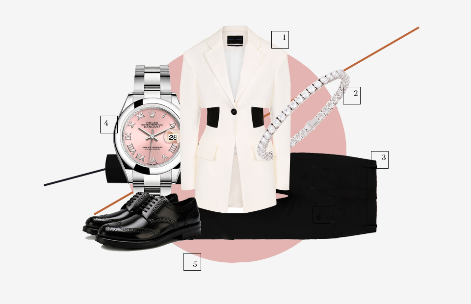 1. Жакет Proenza Schouler
2. Браслет MERCURY
3. Брюки Alexander McQueen
4. Часы Rolex
5. Дерби Dolce & Gabbana