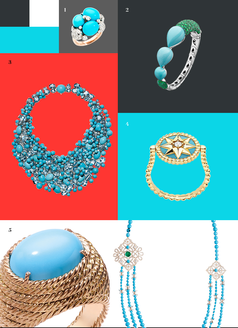1. Кольцо Capri, Pomellato | 2. Кольцо, de Grisogono | 3. Ожерелье Blue Book, Tiffany & Co. | 4. Кольцо Rose des vents, Dior Joaillerie | 5. Кольцо и колье Extremely Piaget, Piaget