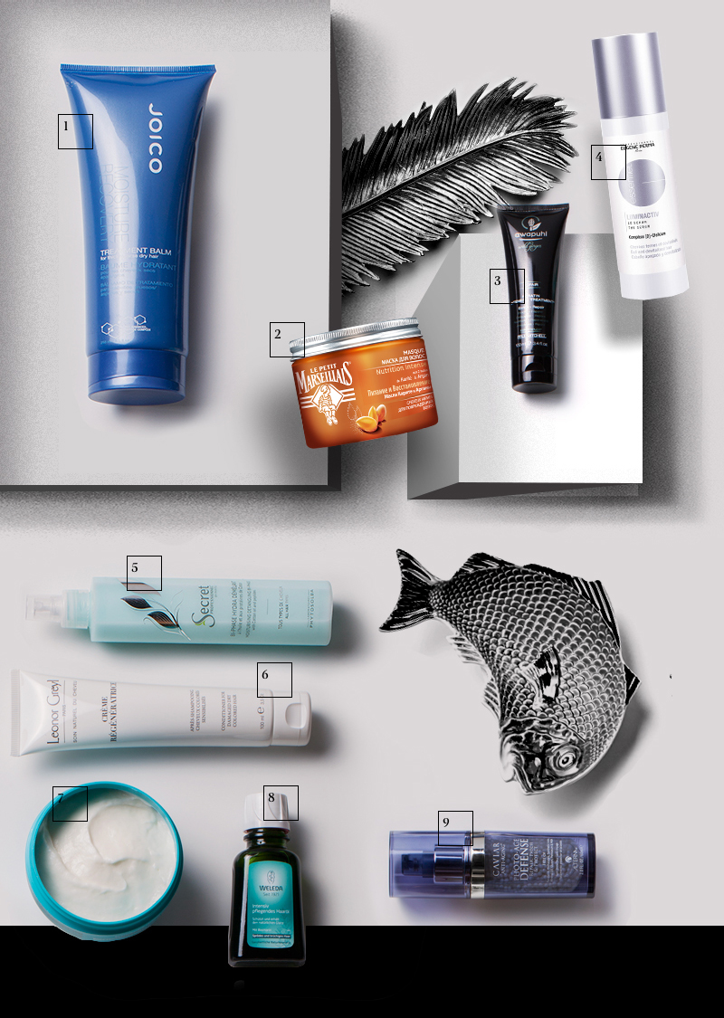 1. Маска для жестких сухих волос Treatment Balm, Joico | 2. Маска для волос «Питание и восстановление», Le Petit Marseillais | 3. Интенсивный увлажняющий уход с кератином Keratin Intensive Treatment, Awapuhi by Paul Mitchell | 4. Сыворотка для сияния волос Luminactiv, Eugène Perma | 5. Увлажняющий двухфазный флюид на основе масла и пептидов хлопка Bi-Phase Hydra Demelant, Secrets Professionnel by Phyto | 6. Восстанавливающий крем-кондиционер Creme Regeneratrice, Leonor Greyl | 7. Восстанавливающая маска для волос Repair, Moroccanoil | 8. Масло для ломких и поврежденных волос Intensiv Pflegendes Haarol, Weleda | 9. Несмывамый уход для волос, препятствующий фотостарению Caviae Antiaging, Alterna