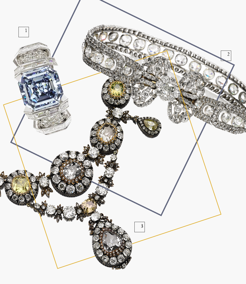 1. Кольцо Cartier с ярко-голубым бриллиантом весом 8,01 карата
2. Бриллиантовое ожерелье с застежкой в виде банта
3. Ожерелье с антикварными цветными бриллиантами