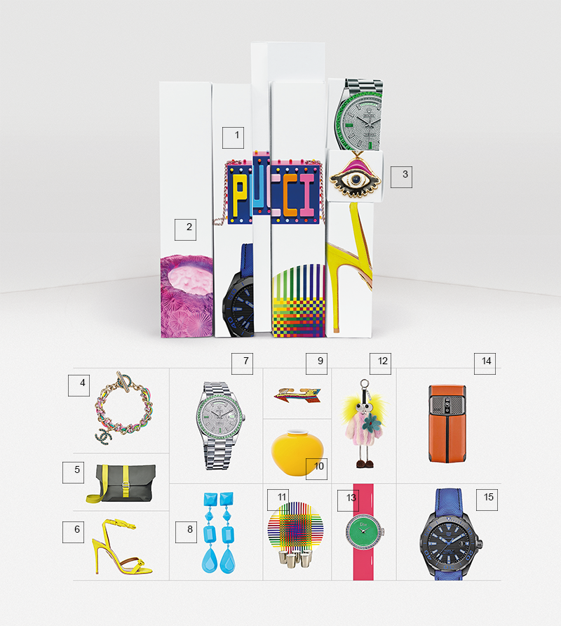 1. Сумка, Emilio Pucci
2. Ваза, Daum
3. Серьга, DSquared2
4. Браслет, Chanel
5. Сумка, Hermès
6. Босоножка, Aquazzura
7. Часы, Rolex
8. Серьги, Celine
9. Браслет, Gucci
10. Ваза, Furstenberg, «Дом фарфора»
11. Набор стаканов, Bernardaud
12. Брелок, Fendi
13. Часы, Dior
14. Телефон, Vertu
15. Часы, Tag Heuer
