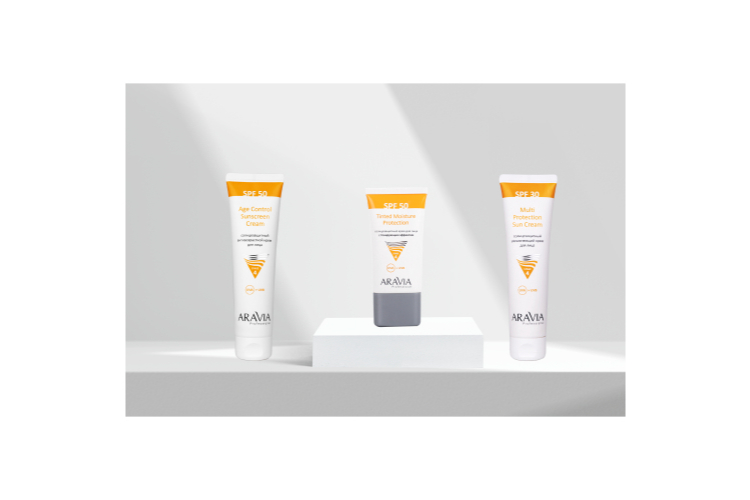 Cолнцезащитный антивозрастной крем для лица Age Control Sunscreen Cream SPF 50, солнцезащитный увлажняющий крем для лица Multi Protection Sun Cream SPF 30, солнцезащитный крем для лица с тонирующим эффектом SPF-50 Tinted Moisture Protection, Aravia Professional