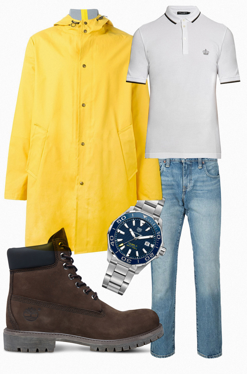 Поло, Dolce & Gabbana | Джинсы, Levi’s | Ботинки, Timberland | Плащ, AMI Alexander Mattiussi | Часы Acquaracer 300 m, Tag Heuer