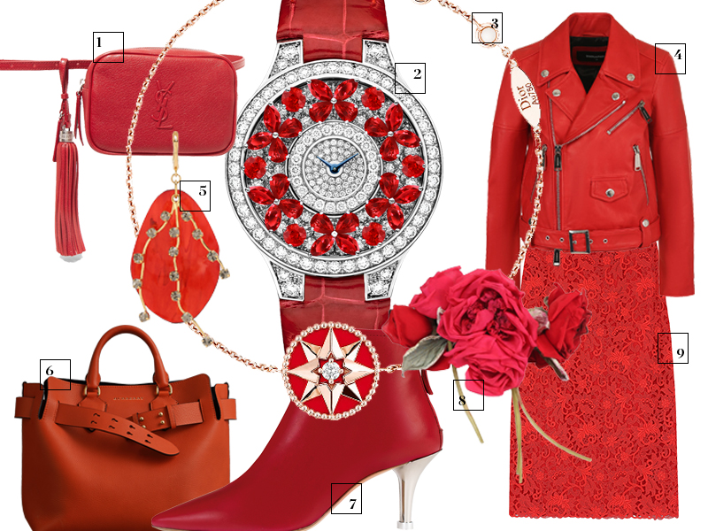 1. Сумка Saint Laurent 2. Часы Butterfly, Graff 3. Браслет Rose De Vents, Dior 4. Куртка Dsquared2 5. Серьги Marni 6. Сумка Burberry 7. Ботильоны AGL 8. Пояс Dolce & Gabbana 9. Юбка Valentino