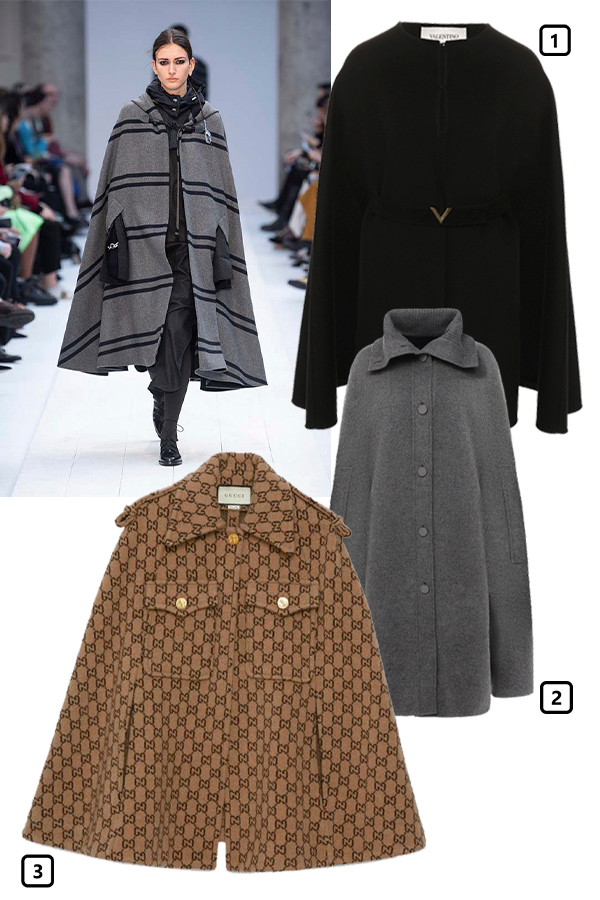 Max Mara, осень-зима 2020/21
1) Кейп Valentino, 264 000 руб. (ЦУМ)
2) Кейп Loro Piana, 460 000 руб. («Барвиха Luxury Village»)
3) Кейп Gucci, 165 000 руб. (Gucci)