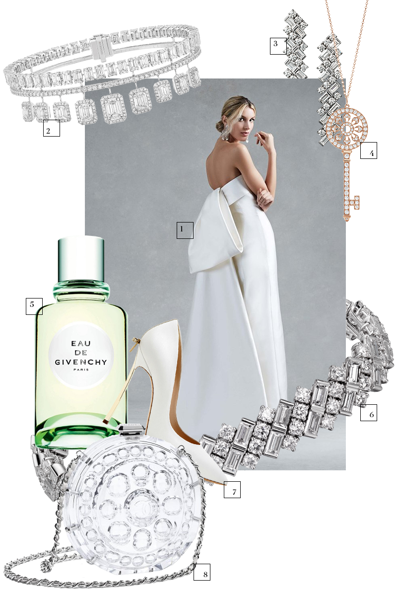 1. Платье Oscar de la Renta (​Wedding by Mercury, Барвиха Luxury Village) — цена по запросу

2. Браслет Siren Song, Messika (Третьяковский проезд) — цена по запросу

3. Серьги Reflection de Carier, Cartier (Бутик Cartier Петровка) — ₽ 4 910 000

4. Подвеска Keys, Tiffany & Co. (Tiffany & Co. Petrovka) — ₽ 697 000 

5. Туалетная вода Eau de Givenchy, Givenchy (Рив Гош) — ₽ 6200

6. Браслет Reflection de Cartier, Cartier (Бутик Cartier Петровка) — ₽ 11 200 000

7. Туфли Casadei Bride (Wedding by Mercury, Барвиха Luxury Village) — ₽ 49 200

8. Сумка Chanel (chanel.com) — цена по запросу
