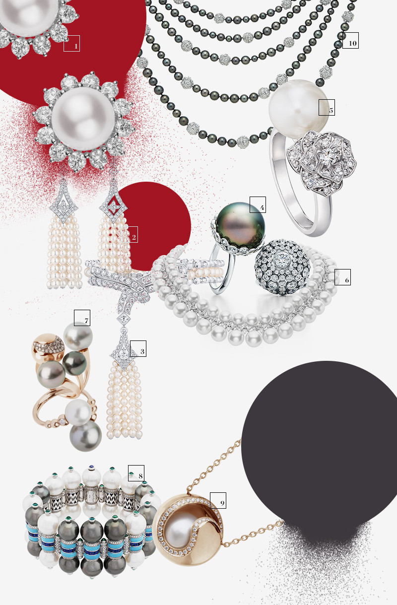 1,6. Колье и серьги, Mikimoto | 2,3. Серьги и браслет Beau Rivage из коллекции Escape Acte V, Louis Vuitton | 4,10. Колье и кольца Tiffany Blue Book, Tiffany & Co. | 5. Кольцо Rose Piaget, Piaget | 7,9. Кольцо и подвеска Night Fever, Utopia | 8. Браслет Rivage Noir Blanc из коллекции Seven Seas, Van Cleef & Arpels
