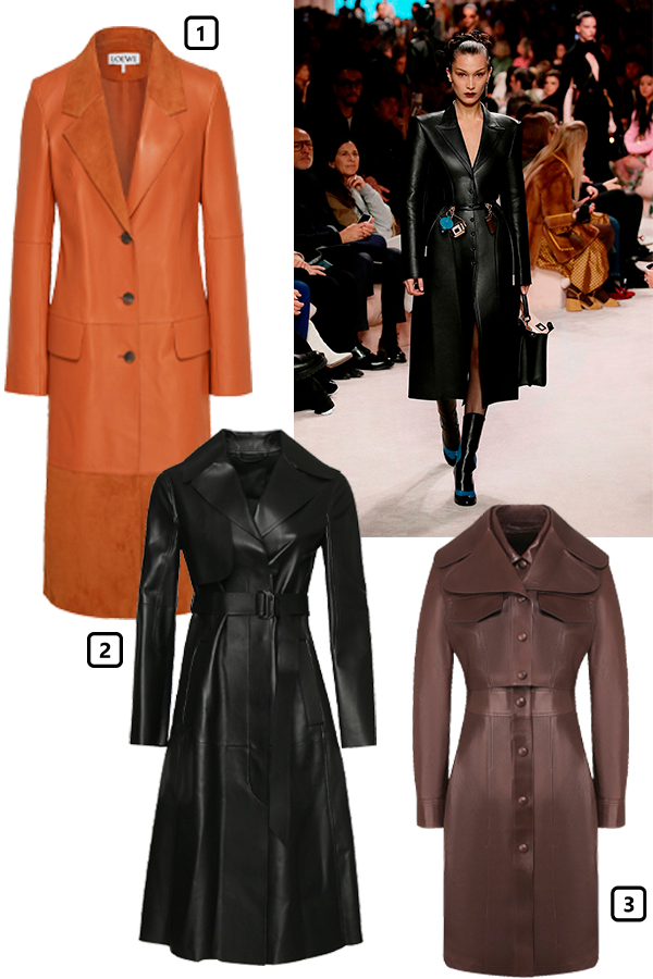Fendi, осень-зима 2020/21
1) Кожаный плащ Loewe, 154 950 руб. (aizel.ru)
2) Кожаный плащ Sportmax, 186 700 руб. (ГУМ)
3) Кожаный плащ Burberry, 415 000 руб. (ЦУМ)