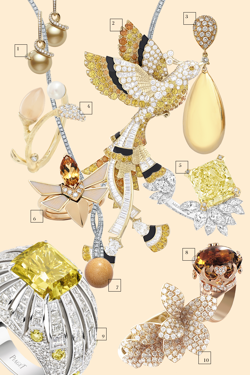 1. Серьги, золотой жемчуг, Mikimoto
2. Брошь Oiseau d’or, желтые сапфиры, гранаты-спессартиты, Van Cleef & Arpels
3. Серьги Balloon, кварц, Margherita Burgener
4. Кольцо Nature, лунный камень, жемчуг, Ole Lyngaard Copenhagen
5. Кольцо Radiant Firebird, Messika
6. Кольцо Jitterbug, эмаль, цитрин, Stephen Webster
7. Подвеска Blue Book 2018, жемчуг мело, Tiffany & Co.
8. Кольцо Sissi Io Amo, кварц мадейра, Pasquale Bruni
9. Кольцо Sunlight Escape, желтый бриллиант, Piaget
10. Кольцо Zefiro and Flora, бриллианты, Pasquale Bruni