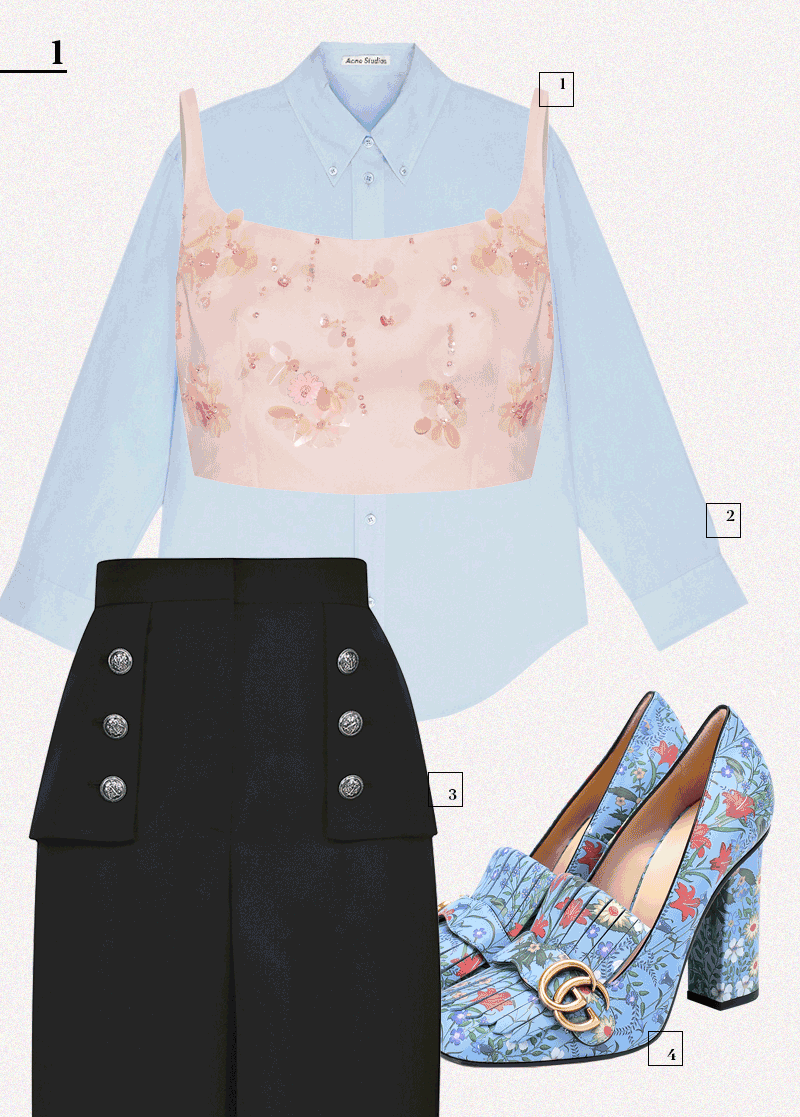 1 | Топ Prada, рубашка Acne Studios, брюки Alexander McQueen, туфли Gucci
2 | Топ и платье Valentino, ботильоны Bottega Veneta
