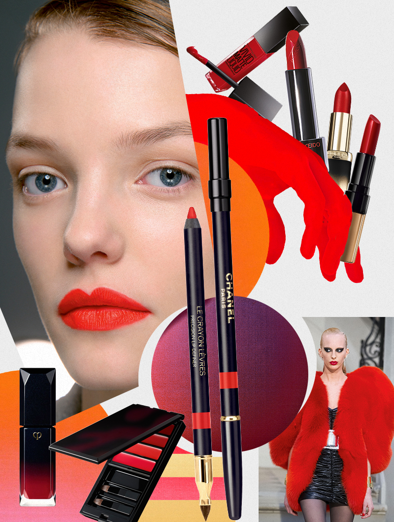 Помады: Gold Obsession (оттенок «Рубиновое золото»), L’Oreal Paris; Rouge Rouge (оттенок 501), Shiseido; Luxe Lip Color (оттенок 28), Bobbi Brown; Rouge Liquid Eclat (оттенок 18), Cle de Peau Beaute ; Жидкая губная помада Vivid Matte Liquid, Maybelline New York
Палетка блесков для губ Lip color (оттенок 1), Serge Lutens Контурный карандаш для губ Le Crayon Levres (оттенок 1), Chanel