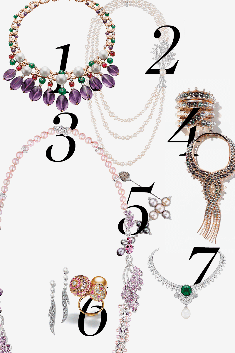 1. Колье Extravaganza, 7 жемчужин Южных морей, Bulgari
2. Колье Moisson de Perles, Chanel Fine Jewellery
3. Колье-трансформер Racines Céléstes, Chaumet
4. Колье и кольцо Ombres et Lumières, Hermès
5. Брошь The Sleeping Beauty, Suzanne Syz
6. Кольцо и серьги Tiffany Masterpieces, Tiffany & Co.
7. Колье-трансформер Serrania, Van Cleef & Arpels