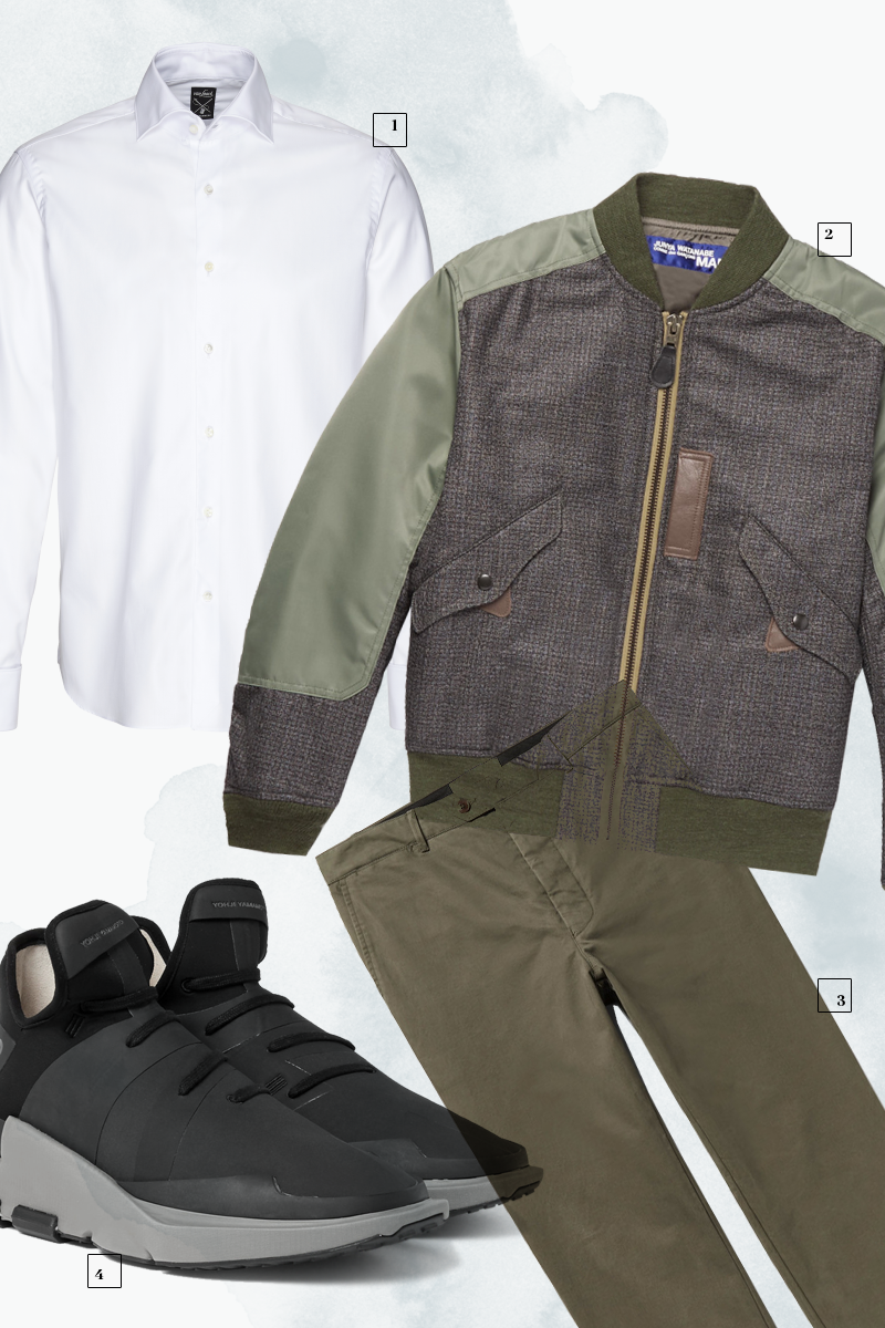 1 | Рубашка Van Laack; 2 | Бомбер Junya Watanabe; 3 | Брюки Officine Generale; 4 | Кроссовки Y-3