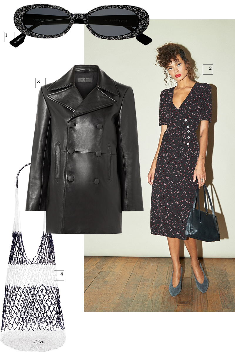 Очки Le Specs, £96
Платье Rouge, €175
Плащ Rag & Bone (Net-a-Porter), £671
Авоська Sophie Anderson, £150