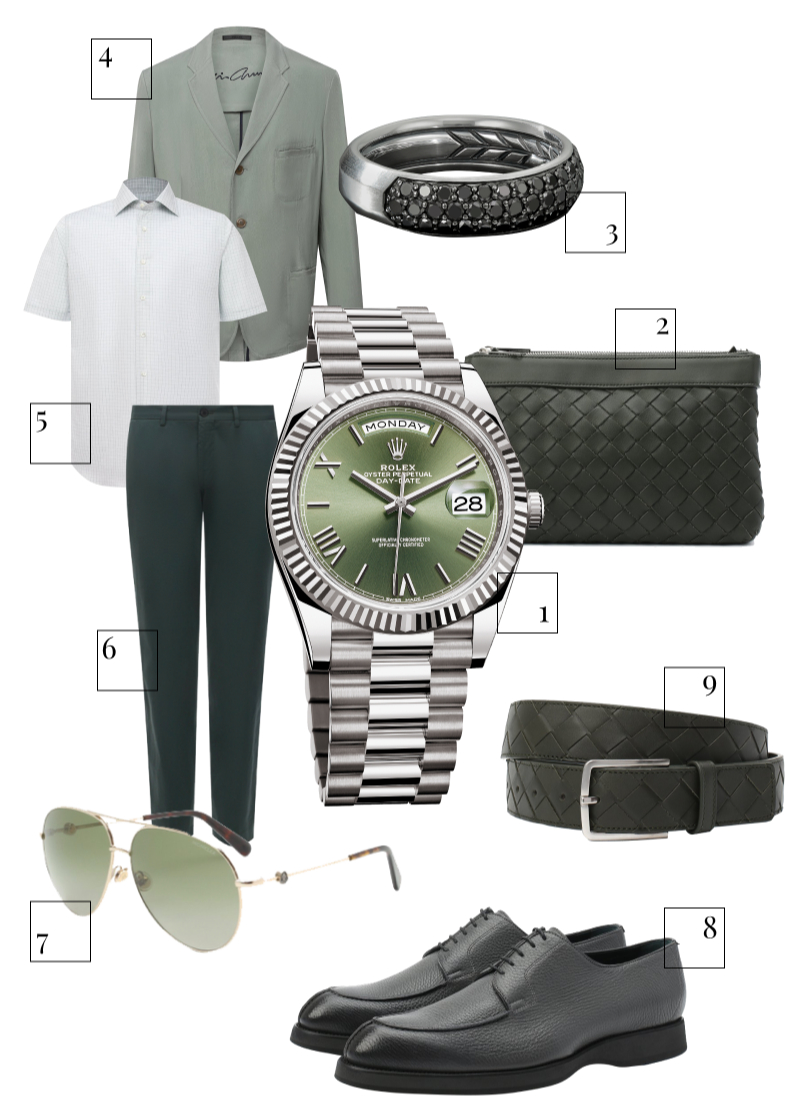 1. Часы Oyster Perpetual Day-Date 40, Rolex, 3 365 000 руб. (Rolex)
2. Сумка Bottega Veneta, 155 500 руб. («Барвиха Luxury Village»)
3. Кольцо David Yurman, 181 700 руб. (ЦУМ)
4. Пиджак Giorgio Armani, 159 500 руб. (ЦУМ)
5. Рубашка Canali, 17 850 руб. (ЦУМ)
6. Брюки BOSS, 15 500 руб. (ЦУМ)
7. Очки Moncler, 28 800 руб. (ЦУМ)
8. Ботинки Brioni, 74 150 руб. (Третьяковский проезд)
9. Ремень Bottega Veneta, 39 950 руб. («Барвиха Luxury Village»)