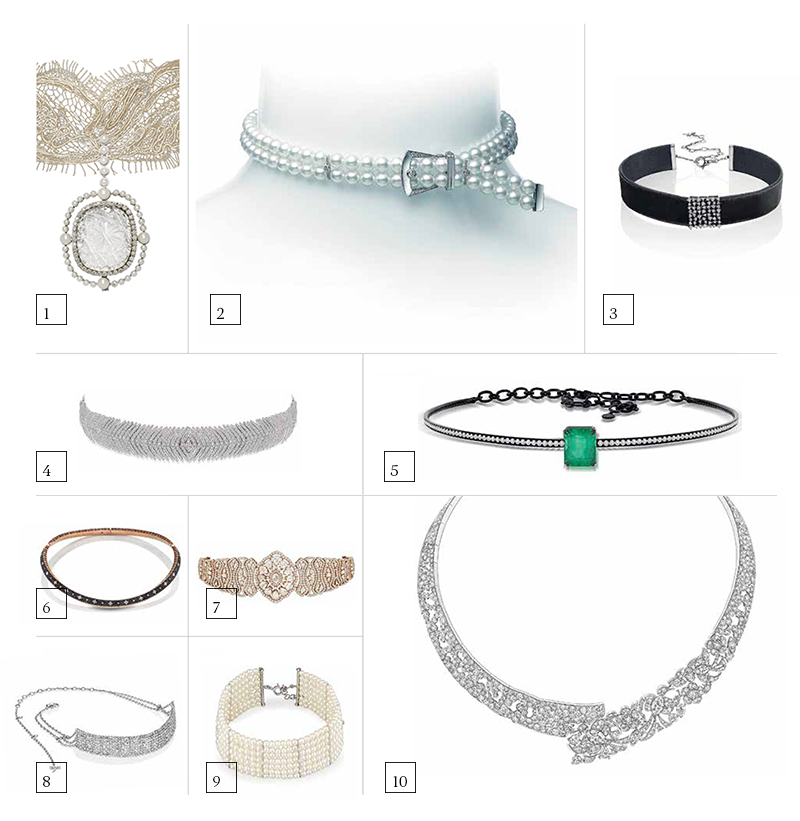 1| Чокер, Dzhanelli Jewellery
2| Колье Boucle Precieuse, Mikimoto
3| Чокер с бархатной лентой, Сasato
4| Колье, Sutra jewels
5| Чокер, Sutra jewels
6| Чокер Venetian Princess, Roberto Coin
7| Колье, Sutra jewels
8| Колье, Сasato
9| Чокер Aqua, Utopia
10| Колье Jeanne, Chanel Fine Jewellery