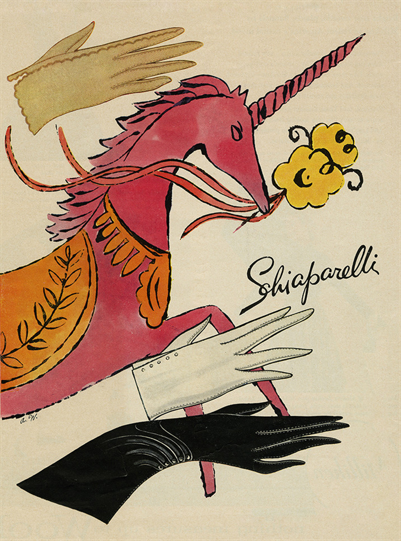 Энди Уорхол. Иллюстрация с перчатками Schiaparelli для рекламы дома на американском рынке