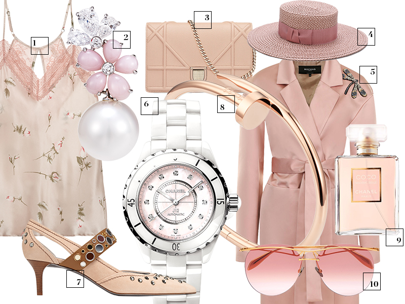 1. Сорочка Intimissimi 2. Серьги Flower, Mercury 3. Сумка Dior 4. Шляпа Eric Javits 5. Пальто Rochas 6. Часы J12, Chanel 7. Туфли Bottega Veneta 8. Браслет Juste Un Clou, Cartier 9. Интенсивная парфюмерная вода Coco Mademoiselle, Chanel 10. Солнцезащитные очки Alexander McQueen