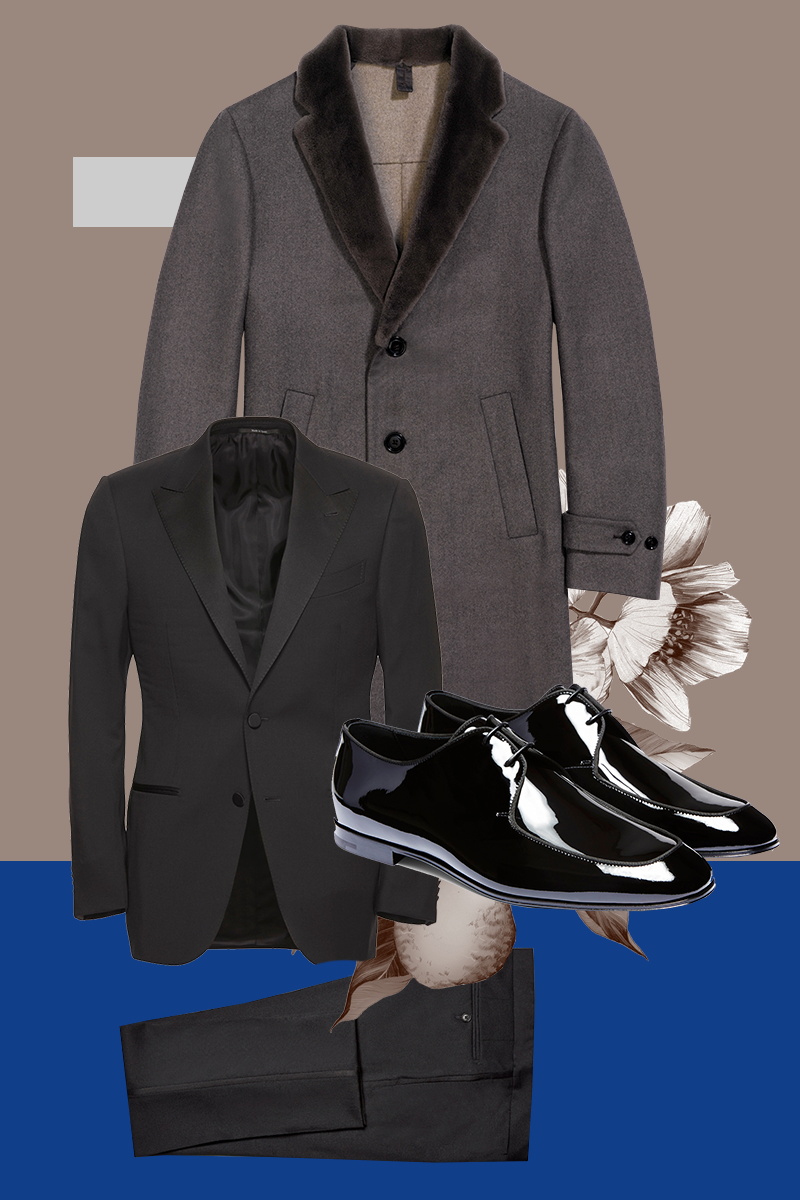 Пальто, смокинг, лакированные дерби, все — Ermenegildo Zegna