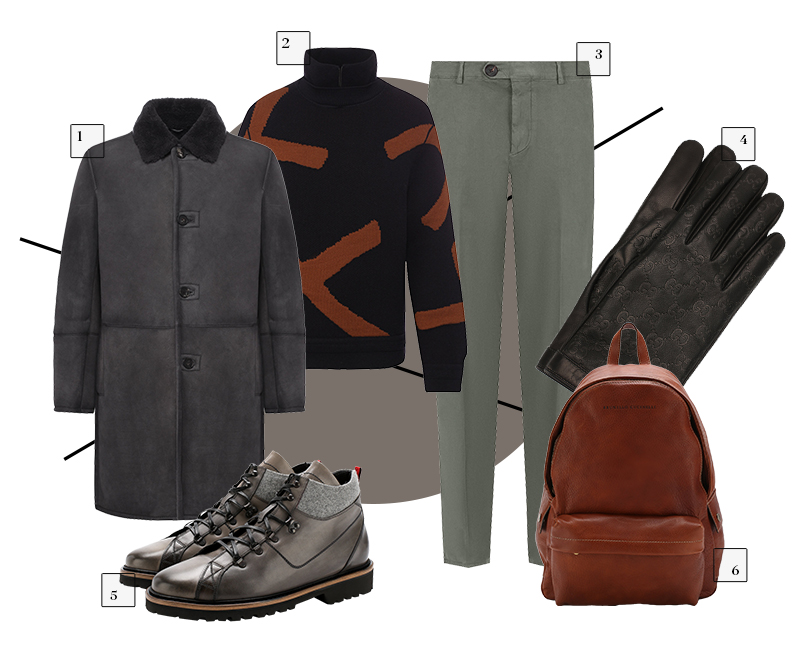 1. Дубленка Bottega Veneta, 481 500 руб. 2. Свитер Zegna Couture, 47 750 руб. 3. Брюки Brunello Cucinelli, 36 050 руб. 4. Перчатки Gucci, 28 700 руб. 5. Ботинки Kiton, 96 150 руб. 6. Рюкзак Brunello Cucinelli, 192 200 руб.