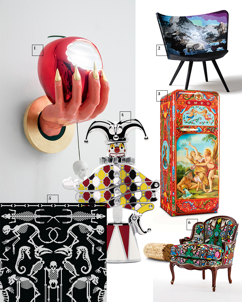 1. Лампа Adam & Eve, Colombostile
2. Лампа Adam & Eve, Colombostile
3. Холодильник, Dolce & Gabbana для Smeg
4. Штопор Circus, Марсель Вандерс для Alessi
5. Плитка Perished, Bisazza
6. Кресло Old New Stock 1984, Colombostile