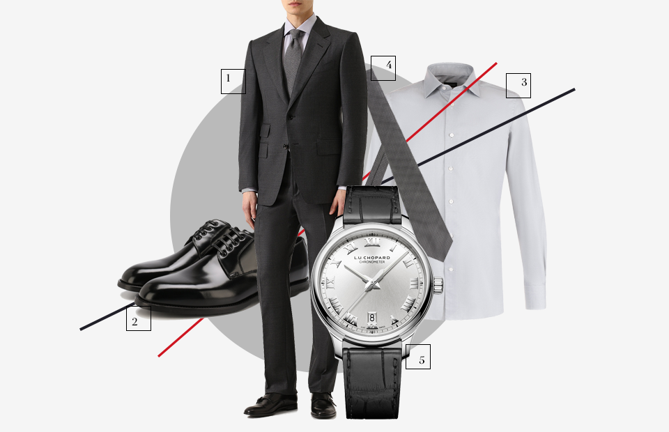 1. Костюм Tom Ford
2. Дерби Dolce & Gabbana
3. Сорочка Ermenegildo Zegna
4. Галстук Lanvin
5. Часы CHOPARD
