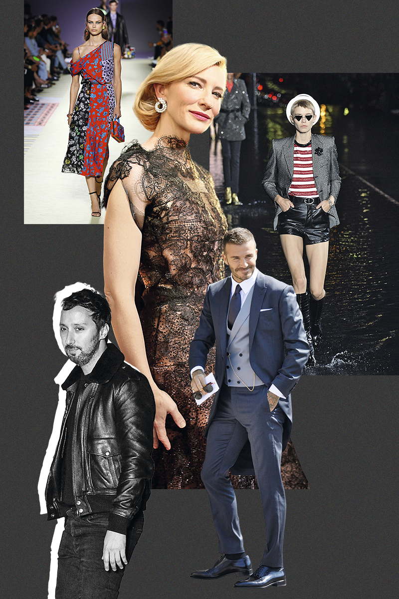 Показ Versace весна-лето — 2019; Кейт Бланшетт в Armani Privé на церемонии «Золотой глобус» в 2014 году; коллекция Saint
Laurent весна-лето — 2019; Дэвид Бекхэм в Dior Homme, дизайнер Энтони Ваккарелло