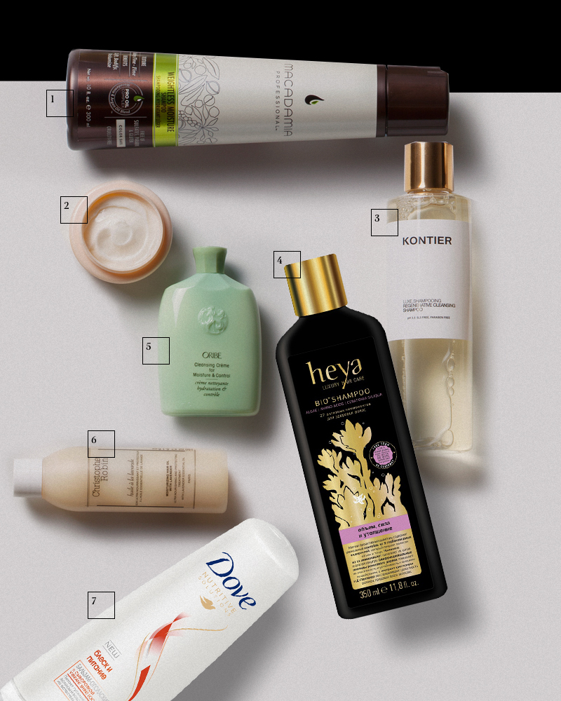 1. Увлажняющий шампунь для тонких волос Weightless Moisture Shampoo, Macadamia Professional | 2. Питательный бальзам для очень сухих волос Nutrive, Kérastase | 3. Восстанавливающий шампунь Luxe.Shampooing, Kontier | 4. Уплотняющий шампунь с комплексом из глубоководных водорослей Bio Shampoo, Heya | 5. Увлажняющий очищающий крем для волос Cleasind Creme for Moisture&Control, Oribe | 6. Увлажняющее лавандовое масло для волос Huile A La Lavande, Christophe Robin | 7. Кондиционер «Блеск и питание», Dove