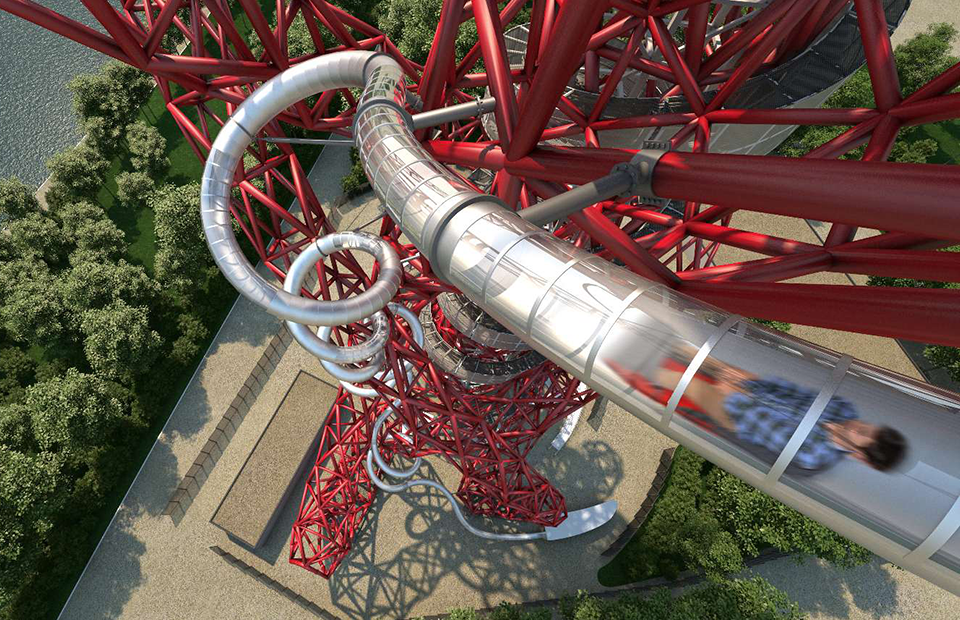 ARCELORMITTAL Orbit в Лондоне. Обзорная башня ARCELORMITTAL Orbit. Горка труба винтовая. Металлическая горка труба.