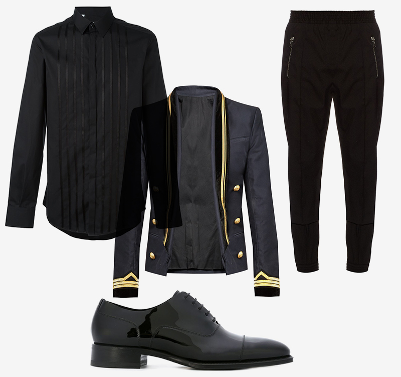 Рубашка, Dolce & Gabbana | Брюки, Givenchy | Пиджак, Balmain | Оксфорды, Dsquared2