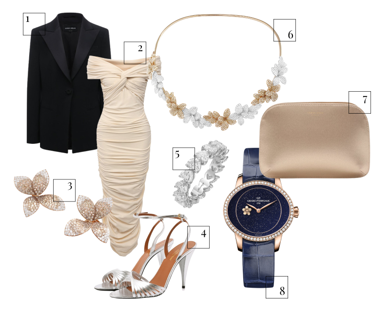 Жакет Giorgio Armani, 298 000 руб. (ЦУМ)
Платье Khaite, 161 500 руб. (ЦУМ)
Серьги Giardini Segreti, Pasquale Bruni, 1 776 500 руб. (Mercury)
Босоножки Saint Laurent, 89 950 руб. (ЦУМ)
Кольцо Classic, Mercury, цена по запросу, (Mercury)
Колье Stelle in fiore, Pasquale Bruni, цена по запросу (Mercury)
Клатч La Prima, Giorgio Armani, 118 000 руб. (ЦУМ)
Часы Cat’s Eye Plum Blossom, Girard-Perregaux, 3 012 000 руб. (Mercury)