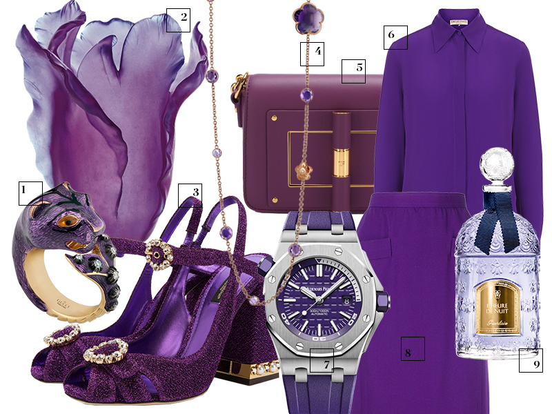 1. Кольцо Gucci 2. Ваза Tulipe, Daum 3. Босоножки Dolce & Gabbana 4. Колье Bon Ton, Pasquale Bruni 5. Сумка Tom Ford 6. Блуза Emilio Pucci 7. Часы Royal Oak Offshore, Audemars Piguet 8. Юбка Saint Laurent Vintage 9. Аромат L'Heure de Nuit, Guerlain