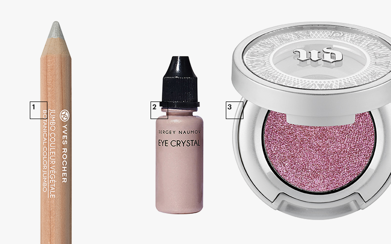 1| Тени-карандаш Jumbo Couleur Végétale Nacré (оттенок 14), Yves Rocher
2| Тени Eye Crystal (оттенок Praline), Sergey Naumov
3| Тени Moondust (оттенок Glitterrock), Urban Decay
