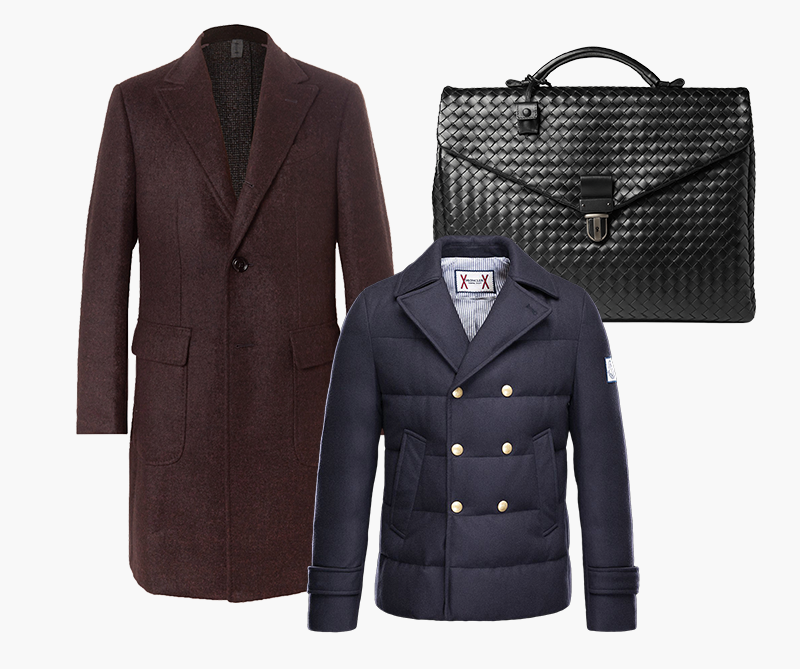 Пальто Ermenegildo Zegna; Портфель Bottega Veneta; Пуховик Moncler Gamme Bleu