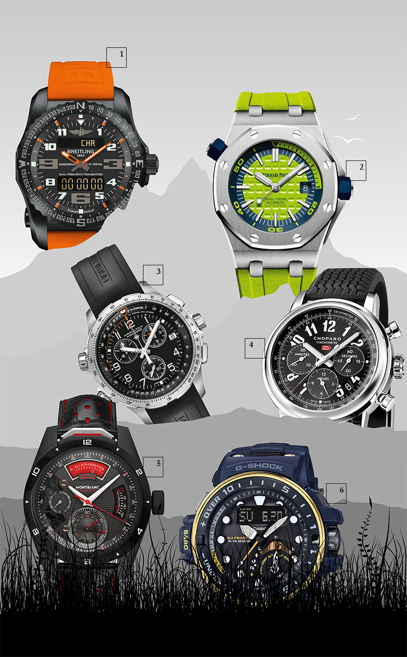 1) Emergency Night Mission, Breitling
Первые в мире наручные часы с индивидуальным радиомаяком и встроенным двухчастотным передатчиком гарантируют безопасность на суше, на море и в воздухе.
2) Royal Oak Offshore Diver, Audemars Piguet
Кроме кислотных каучуковых ремешков и ярких циферблатов с узором Mega Tapisserie дайверские часы имеют вращающийся внутренний ободок со шкалой для погружения от 60 до 15 минут.
3) Khaki X-Wind Chrono Quartz GMT, Hamilton
Авиационный хронограф поможет пилотам рассчитать угол горизонтального сноса воздушного судна при боковом ветре.
4) Mille Miglia Classic Chronograph, Chopard
Разметка на основном циферблате с тахиметрической шкалой и на счетчиках хронографа напоминает бортовые приборы в гоночных автомобилях 1920-х.
5) Montblanc TimeWalker Chronograph 1000, Montblanc
Механизм титанового хронографа способен замерять тысячные доли секунды. Красный индикатор с разметкой от 0 до 9 похож на спидометр винтажных автомобилей.
6) G-Shock Navy Blue, Casio G-Shock
Эти морские часы незаменимы при спасательных операциях на воде: они имеют индикатор приливов и отливов, компас, датчик атмосферного давления, температуры и глубины.