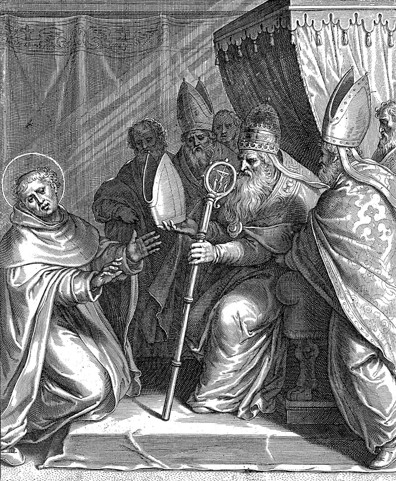 Папа Климент IV передает митру Фоме Аквинскому, средневековая гравюра