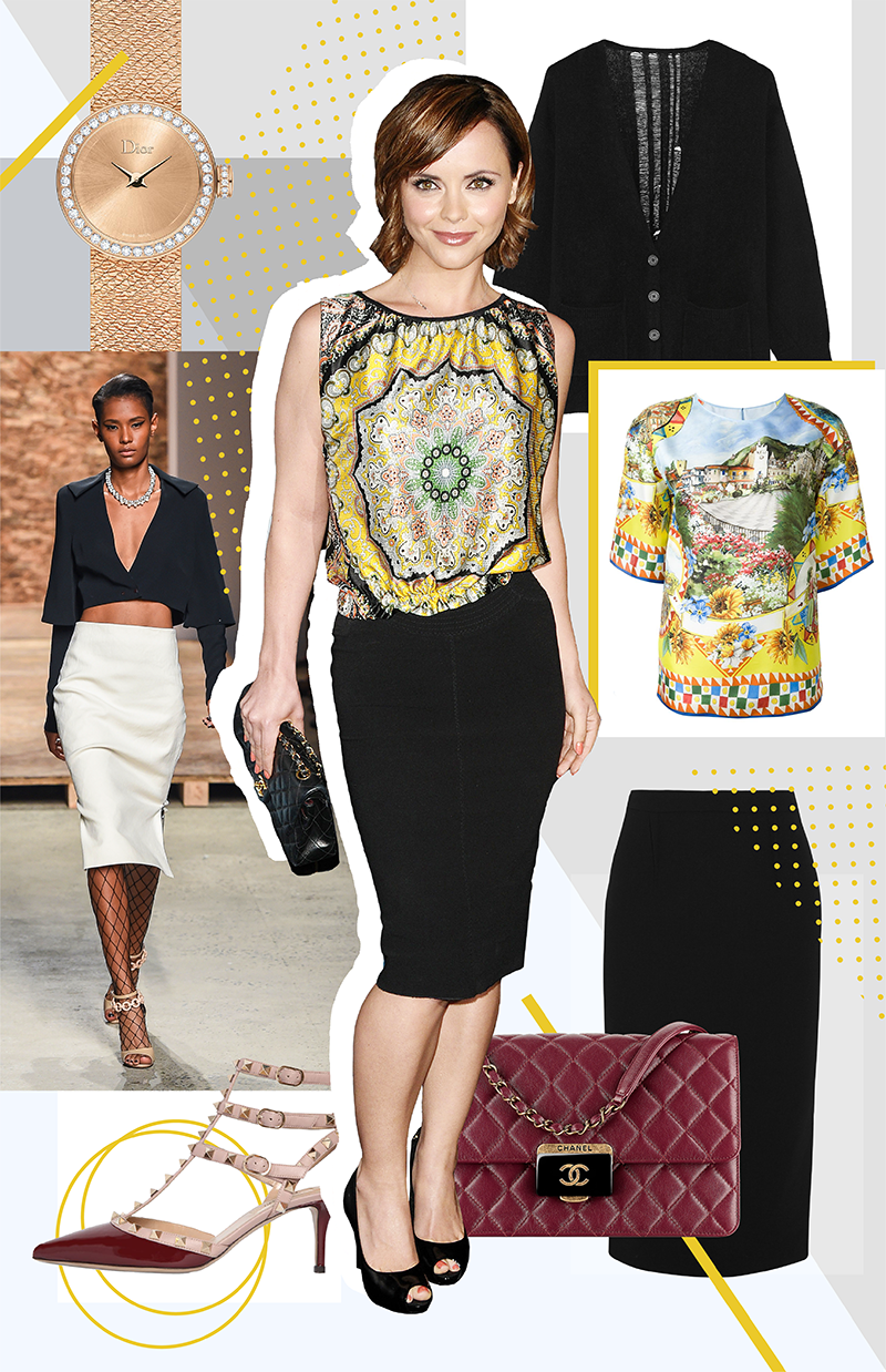 Образ с подиума, Creatures of the Wind | Сумка, Chanel | Блузка, Dolce & Gabbana | Кардиган, Raquel Allegra | Юбка, Roland Mouret | Босоножки, Valentino | Часы La Mini D de Dior Satine, Dior