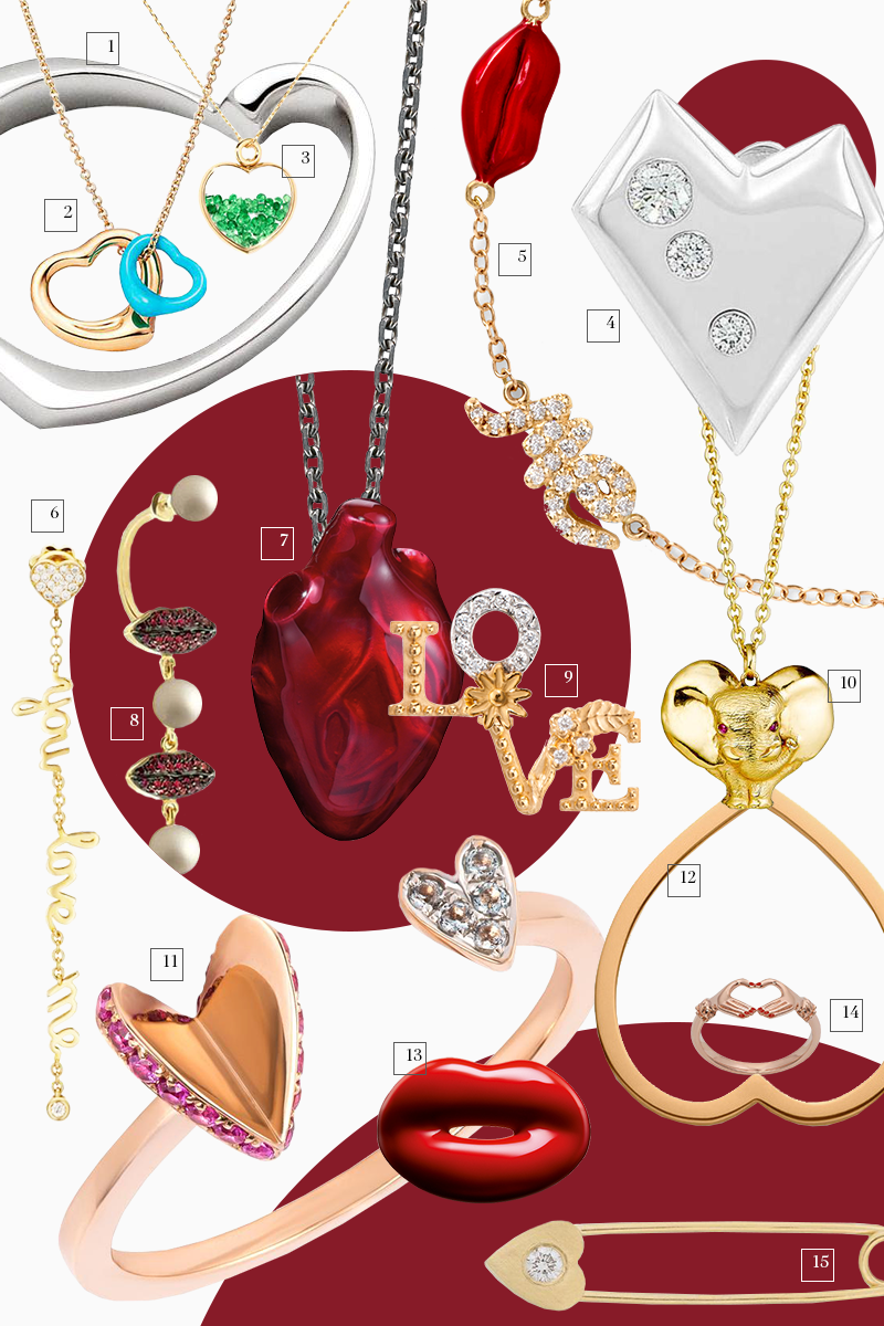 1) Кольцо Mon Coeur, Amélie Viaene
2) Подвеска Elsa Peretti Open Heart, Tiffany & Co.
3) Подвеска Baby Heart Chivor Emerald, Aurélie Bidermann
4) Серьги True Romance, Kat Florence
5) Браслет Me&U, Alison Lou
6) Серьги Tell Me You Love Me, Maria Kovadi
7) Подвеска Bleeding Heart, Solange Azagury-Partridge
8) Серьги Lips on Me, Delfina Delettrez
9) Серьги Love, Carrera y Carrera
10) Подвеска Zozo Ruby Heart, Patrick Mavros
11) Кольцо Elements Flutter Heart, Ruifier
12) Кольцо Cataphoresis Antifer, Repossi
13) Кольцо Hot Lips, Solange Azaguri-Partridge
14) Кольцо Lover, Gillian Steinhardt
15) Серьга Safety Pin Heart, Ileana Makri