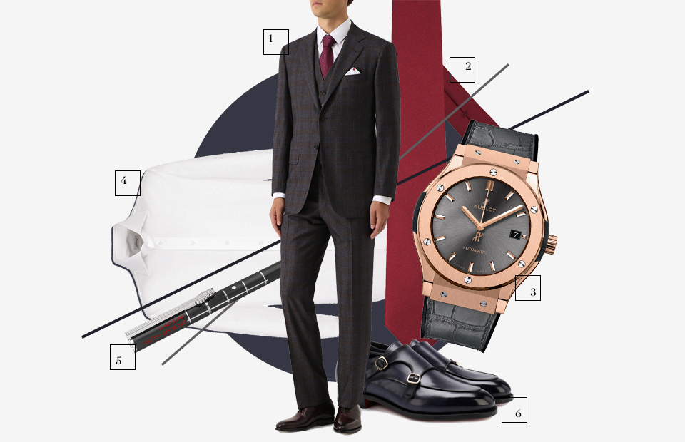 1. Костюм Kiton
2. Галстук Corneliani
3. Часы HUBLOT
4. Сорочка Brioni
5. Ручка S.T. DUPONT
6. Монки Santoni