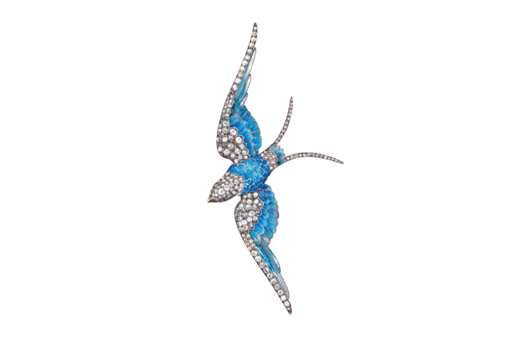 Брошь в виде синей птицы, символизирующая траур по гражданским самолетам, сбитым кубинскими летчиками-истребителями в 1996 году. 14-каратное золото, серебро, эмаль, рубины, бриллианты. Anton Lachmann, Австрия, приблизительно 1880 год