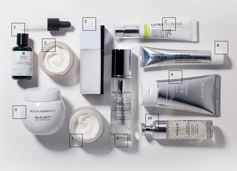 1. Мягкий ночной микропилинг с экстрактом шелухи киноа Nightly Refining Micro-Peel Concentrate, Kiehl's
2. Лифтинг-крем против морщин Resveratrol [Lift], Caudalie
3. Дневной восстанавливающий крем Re-Plasty Age Recovery, Helena Rubinstein
4. Тройное корректирующее липидовосполняющее средство Triple Lipid Restore 2:4:2, SkinCeuticals
5. Дуэт антивозрастных масел для лица (день-ночь) Le Soin Noir & Blanc, Givenchy
6. Антивозрастной эликсир, возвращающий коже упругость, Precious Pearl, Anne Semonin
7. Укрепляющий концентрат с чистым витамином С Ultra 23 Firming Concentrate, Ultraceuticals
8. Антивозрастной депигментирующий крем с высокой степенью защиты от ультрафиолета UV-Defence, Filorga
9. Увлажняющий осветляющий уход Water Drop, Dr.Jart+
10. Разглаживающая сыворотка, выравнивающая тон кожи, Uni Skin Concentre Perles, Payot
