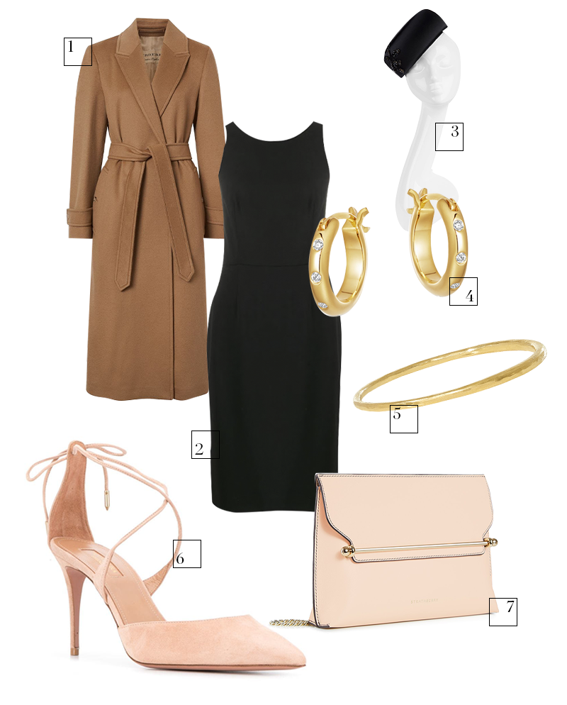1. Пальто Burberry
2. Платье Givenchy
3. Шляпка Philip Treacy
4. Серьги Missoma
5. Браслет Pippa Small
6. Лодочки Aquazzura
7. Сумка Strathberry