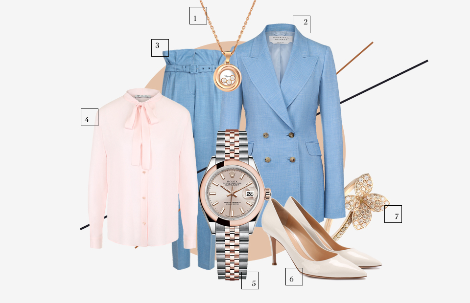 1. Кулон CHOPARD
2. Жакет Gabriela Hearst
3. Брюки Gabriela Hearst
4. Блуза Loro Piana
5. Часы Rolex
6. Туфли Gianvito Rossi
7. Кольцо PASQUALE BRUNI