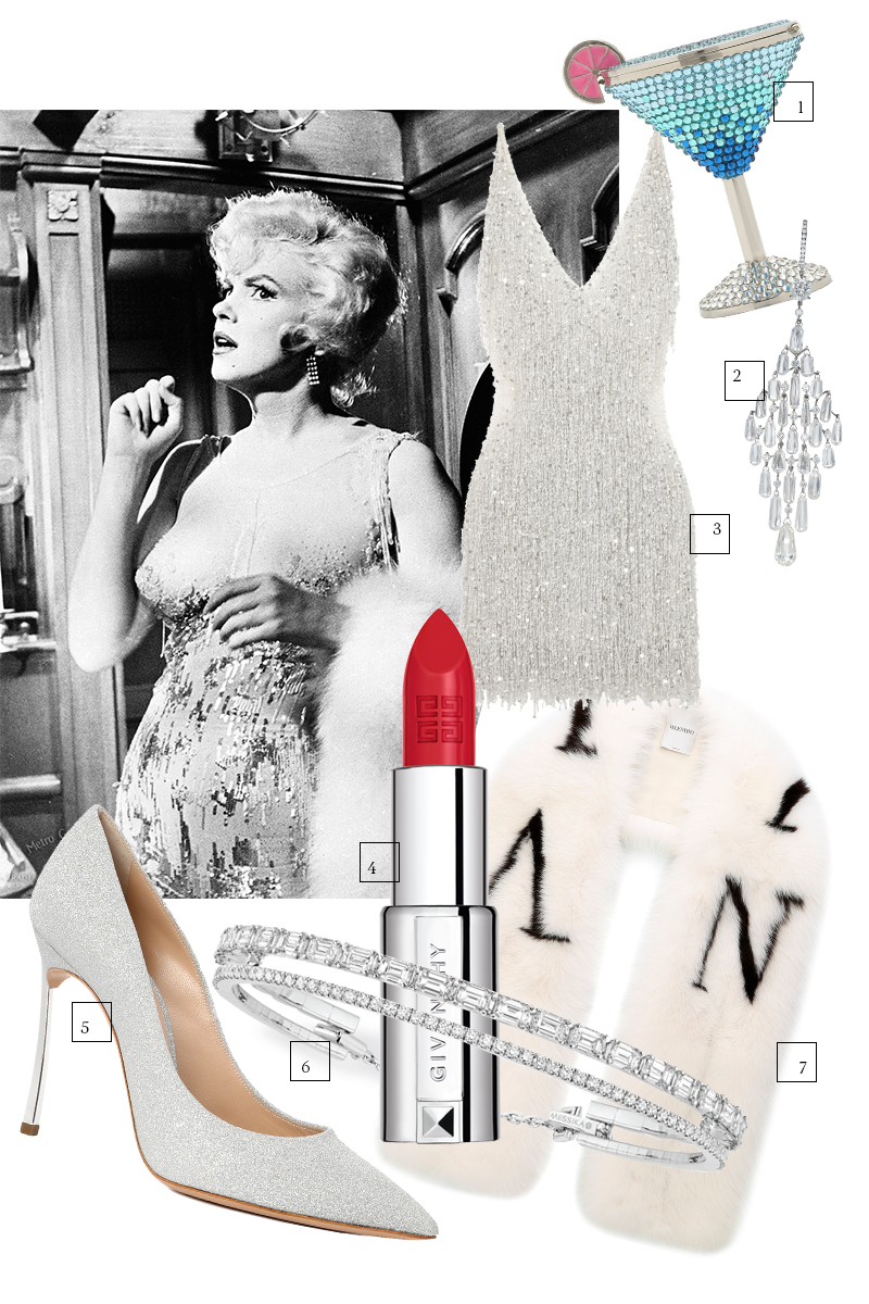 1. Клатч Judith Leiber Couture (ЦУМ), 54 400 руб. 2. Серьги High Jewellery, Chopard (Mercury), цена по запросу. 3. Платье ​Naeem Khan (Net-a-Porter), £4859. 4. Помада ​Givenchy Couture («Рив Гош»), 2930 руб. 5. Туфли Casadei (Rendez-Vous), 37 880 руб. 6. Браслет Messika Joaillerie, цена по запросу. 7. Шарф из меха Valentino (Третьяковский проезд), 644 000 руб.
