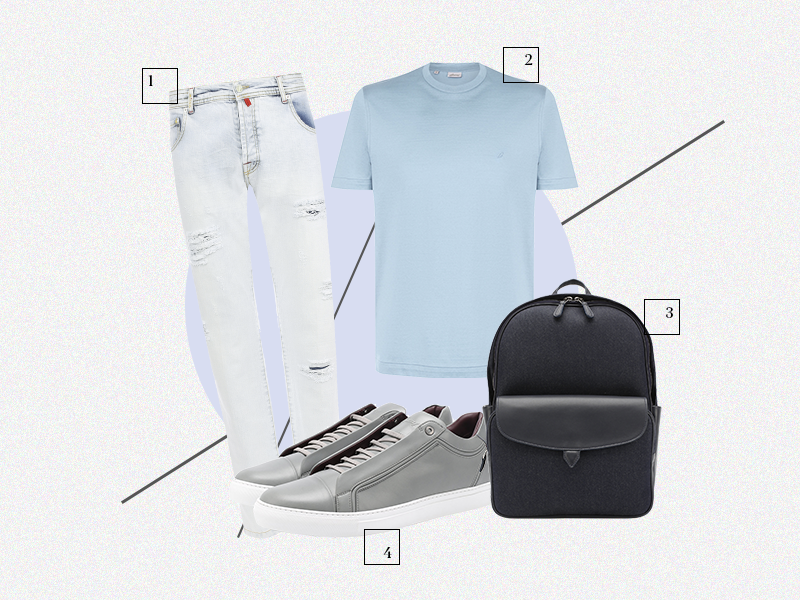 1. Джинсы Kiton
2. Футболка Brioni
3. Текстильный рюкзак Loro Piana с отделкой из замши
4. Кеды Brioni